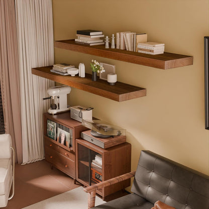 IAE Walnut Floating Wall Shelves 55 inch, Bathroom Shelves Wall Mounted,Invisible Shelves Floating Kitchen Shelves,Wooden Wall Shelves with Brackets for Living Room Wall Mounted,Easy Install,Set of 2