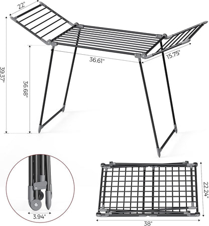 APEXCHASER Clothes Drying Rack Foldable, Large Drying Rack Clothing, Winged Laundry Rack Folding Indoor Outdoor, Metal Clothes Airer for Bedding Towel Sweater Heavy Duty, 68.9" X 23.6" X 41.3", Black