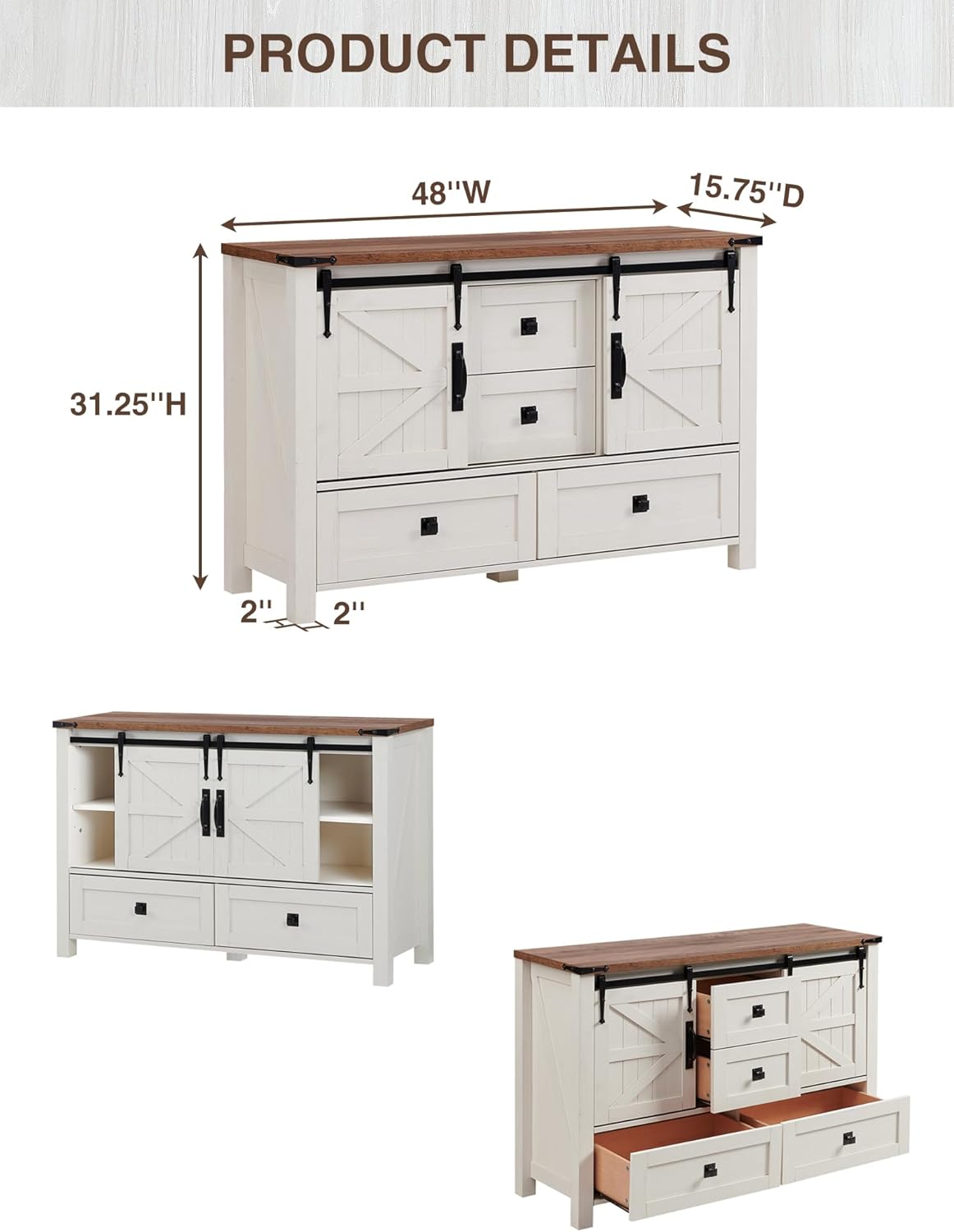 T4TREAM Farmhouse Dresser for Bedroom w/4 Drawers & Sliding Barn Doors, 48'' Wide Chest of Drawers, Rustic Dresser TV Stand w/Shelf, Organizer for Bedroom, Living Room, Entryway, Antique White