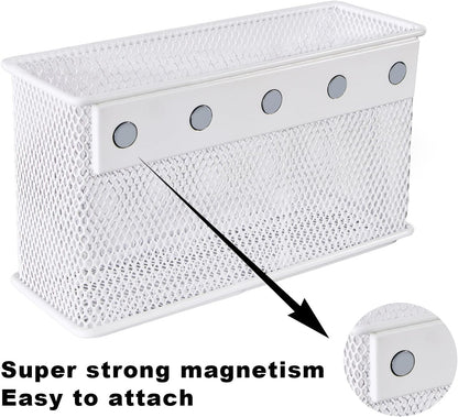 White Magnetic Basket, Magnetic Shelf Pencil Holder for Refrigerator, Wire Mesh Magnetic Bin, Magnetic Organizer Whiteboard Desktop Storage, 6.29"x2.28"x3.54"