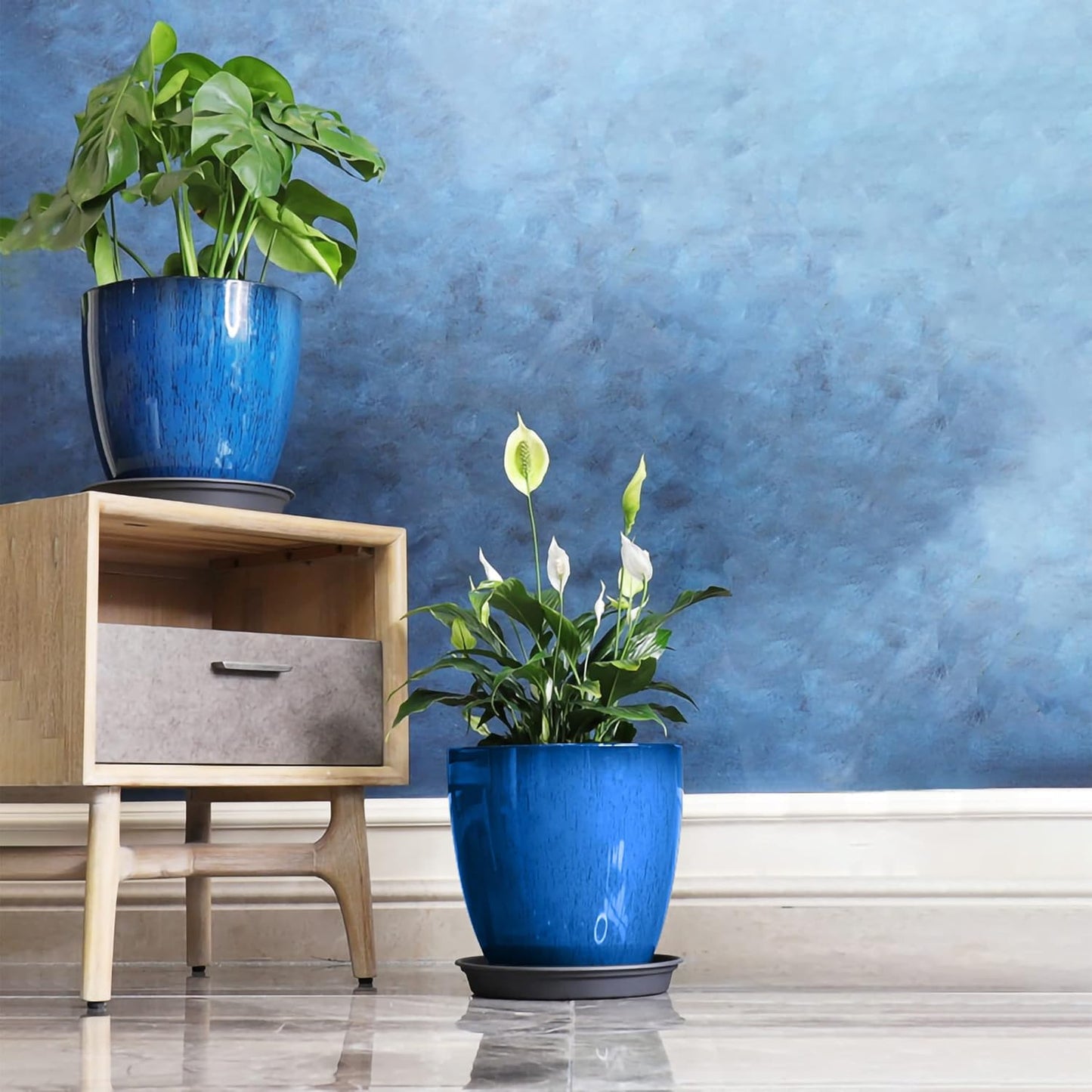 FixtureDisplays® Garden Plastic Round 11.8" Diameter 12" Tall Planter Resin Glazed Faux Ceramic Flower Pots Drainage Hole with Saucer Decorative Pot 15580-NF