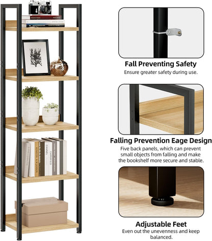 NUMENN Narrow Bookshelf, 5 Tier Bookshelves, Home Office Bookcase Shelf Storage Organizer, Free Standing Storage Shelving Unit for Bedroom, Living Room and Home Office, Natural
