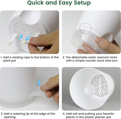 6 inch Self Watering Pots for Indoor Outdoor Plants, 6 Pack Flower Plant Pots with Drainage Holes and Clear Reservoirs, Visible Water Level, Plastic Planters with Wicking Rope, White