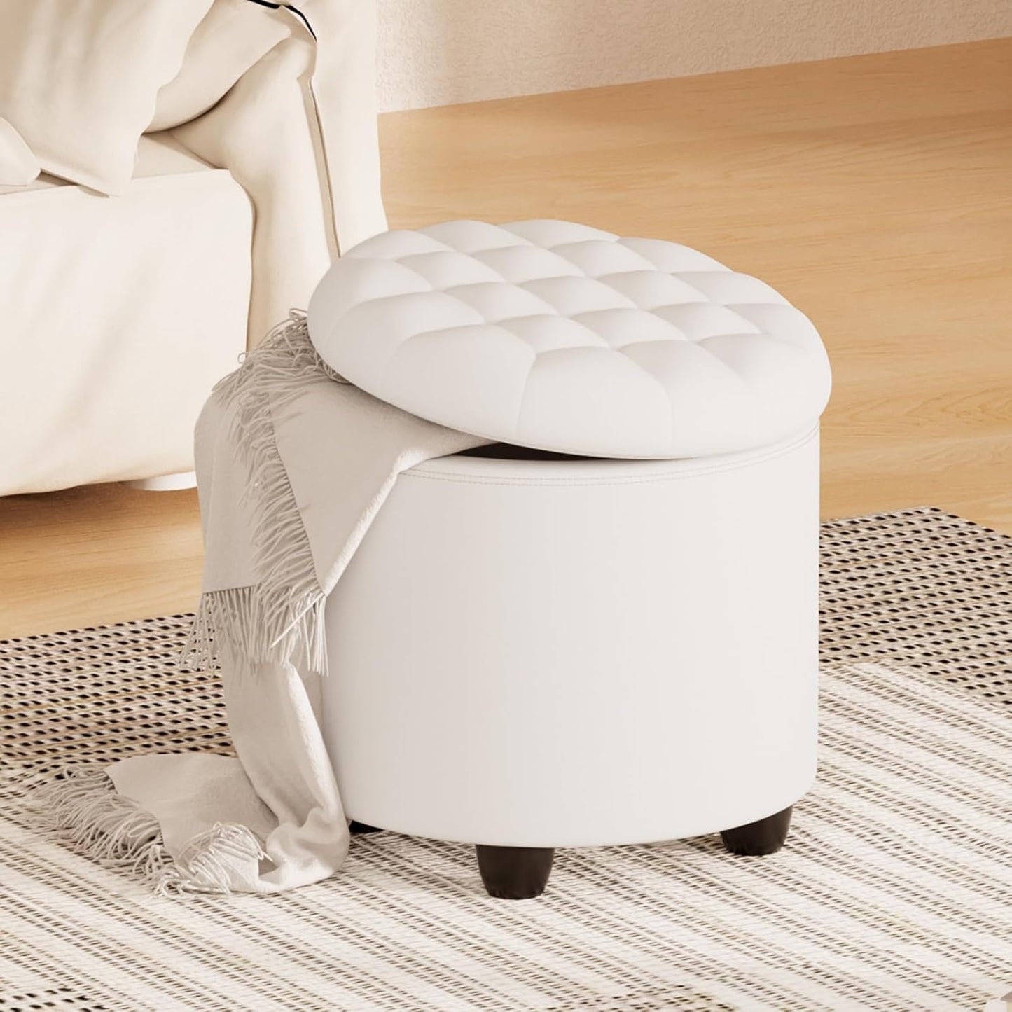 Furniliving Upholstered Button Tufted Round Ottoman, PU Storage Ottoman Round, Removable Lid Convenient Footstools, Classic Ottoman with Storage for Vanity, Nursery Room，IvoryWhite