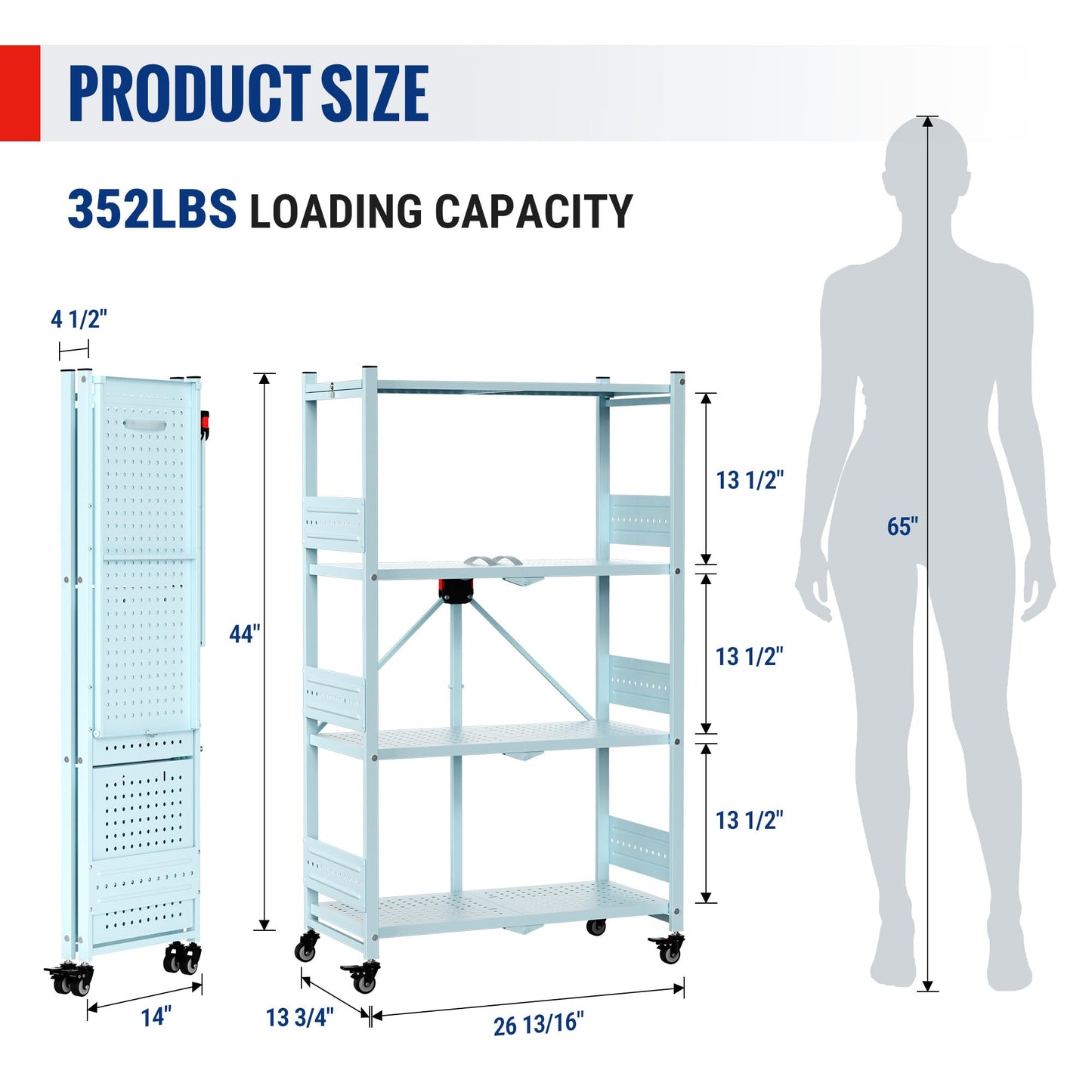 WORKPRO 4-Tier Folding Shelf, No-Assembly Metal Storage Rack with Wheels, 600 lbs Capacity (with