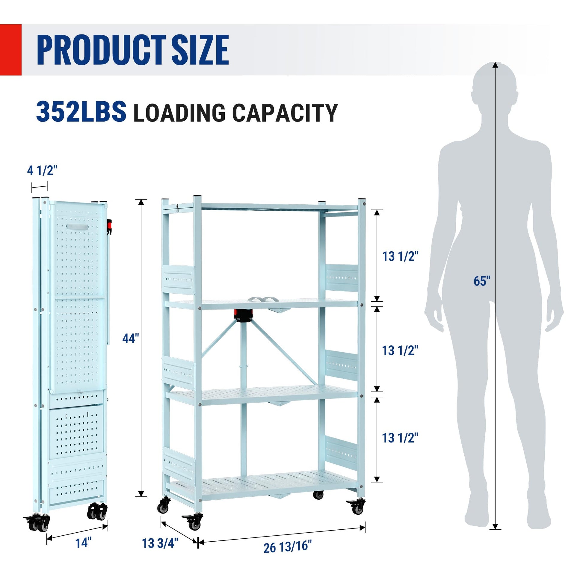 WORKPRO 4-Tier Folding Shelf, No-Assembly Metal Storage Rack with Wheels, 600 lbs Capacity (with