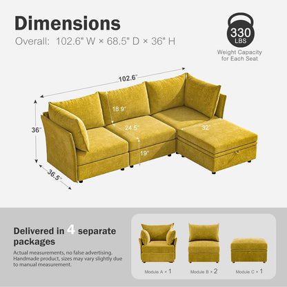 102.6" Modular Sectional Sofa, L Shaped Couch Set for Living Room, 3-Seater Comfy Cloud Couches with Movable Storage Ottoman,DIY Combination - Chenille Yellow