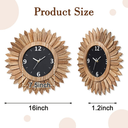 Honiway 16 Inch Wall Clocks, Rustic Wood Boho Sunburst Decorative Wall Clock Battery Operated Silent Non Ticking Farmhouse Large Wall Clocks for Living Room Kitchen Bedroom Home Decor (Rustic Brown)