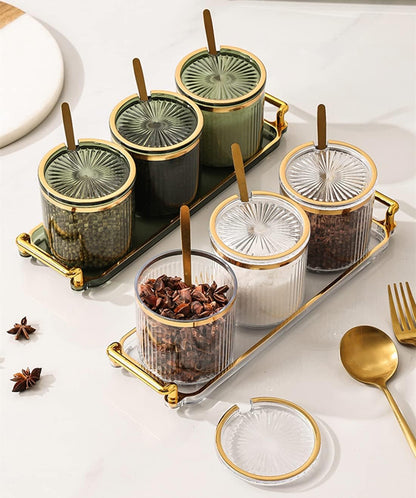 Acrylic Condiment Spice Jars and Box with Lids, Spoons, Tray - 3 Pack, Clear Plastic Canisters, Seasoning Box Set for Salt, Paprika, Sugar - Kitchen Storage