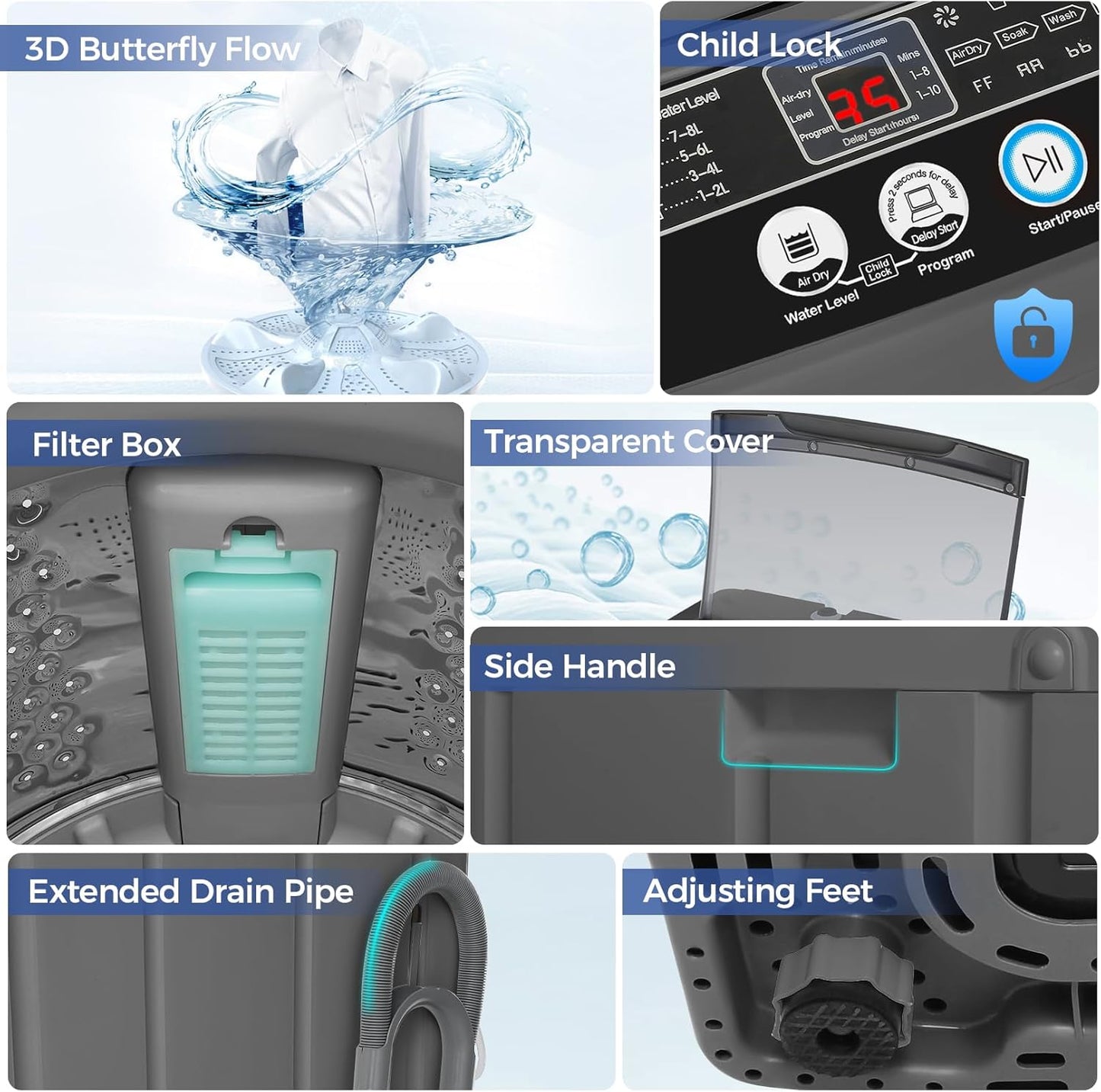 Nictemaw Portable Washing Machine, 20Lbs Capacity Full-Automatic Portable Washer Machine, 2.8Cu.ft Compact Laundry Machine with Drain Pump, 10 Programs & 8 Water Levels for Apartment Dorm RV