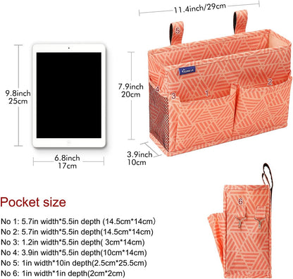 Surblue Bedside Caddy Hanging Bed Organizer Storage Bag Pocket for Bunk and Hospital Beds, College Dorm Rooms Baby Bed Rails,Camp Chiars，Wheelchair Side Bag，4 Pockets and 2 Hooks (Orange Plaid)