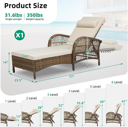 VIVIJASON Outdoor Wicker Chaise Lounge Chair, All-Weather PE Rattan Cushioned Patio Lounger Chair, 6-Position Adjustable Pool Sunbathing Recliner with Armrest & Pillow for Poolside Deck Yard, Beige