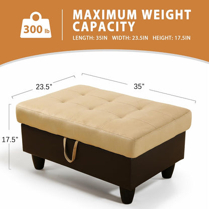 Ottoman Rectangular Storage Ottoman Bench, Flannel Footrest Stool Footstool with Lid for Living Room, Bedroom, Entryway, Champagne&Black, 35"x23.5"x17.5"