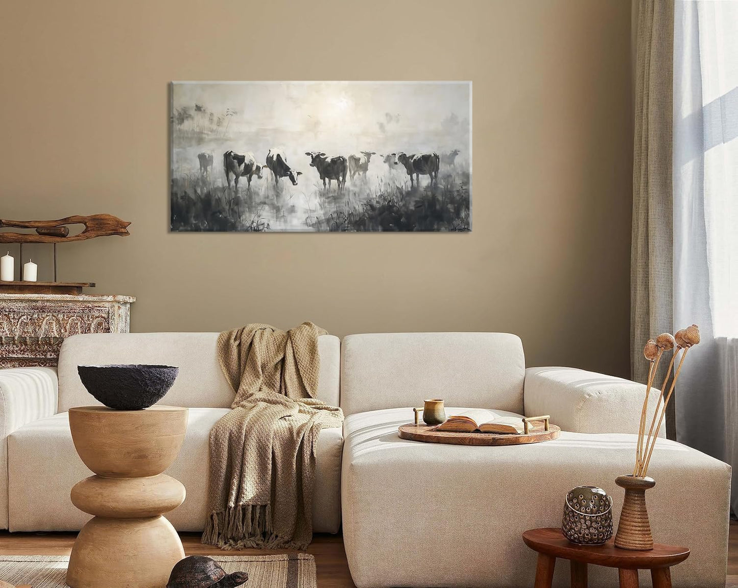 LASMOND Black and White Cow Wall Art for Living Room Ink Wash Canvas Painting Prints Morning Cattle Vintage Country Farmhouse Artwork Bedroom Office Decor (30x16 Inches)