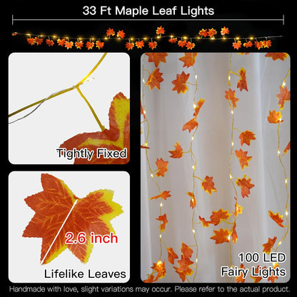 suddus Vine with Fairy Lights Battery Operated, 33ft 100 LED Maple Leaf String Lights with Remote, Dimmable Fall Garland with Lights for Bedroom Wall Indoor Outdoor Thanksgiving Decor (Warm White)