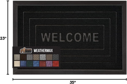 GORILLA GRIP 100% Waterproof All-Season WeatherMax Doormat 35x23, US Designed Natural Rubber, Stain and Fade Resistant, Low Profile Indoor Outdoor Door Mats, Easy Clean Patio Mat, Black Welcome