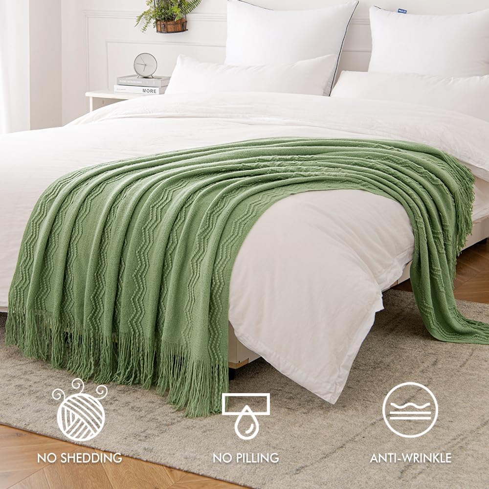 MIULEE Sage Green Knitted Throw Blanket for Couch Textured Spring Knit Blanket with Tassels Cozy Woven Boho Bed Blanket for Sofa Bed Chair Acrylic Wave Pattern 50"x60"