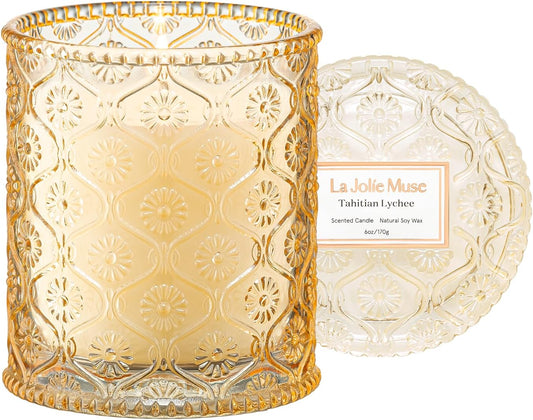 LA JOLIE MUSE Tahitian Lychee Candle - Lychee, Melon, Pineapple | 6 oz Natural Soy Wax | 40 Hours