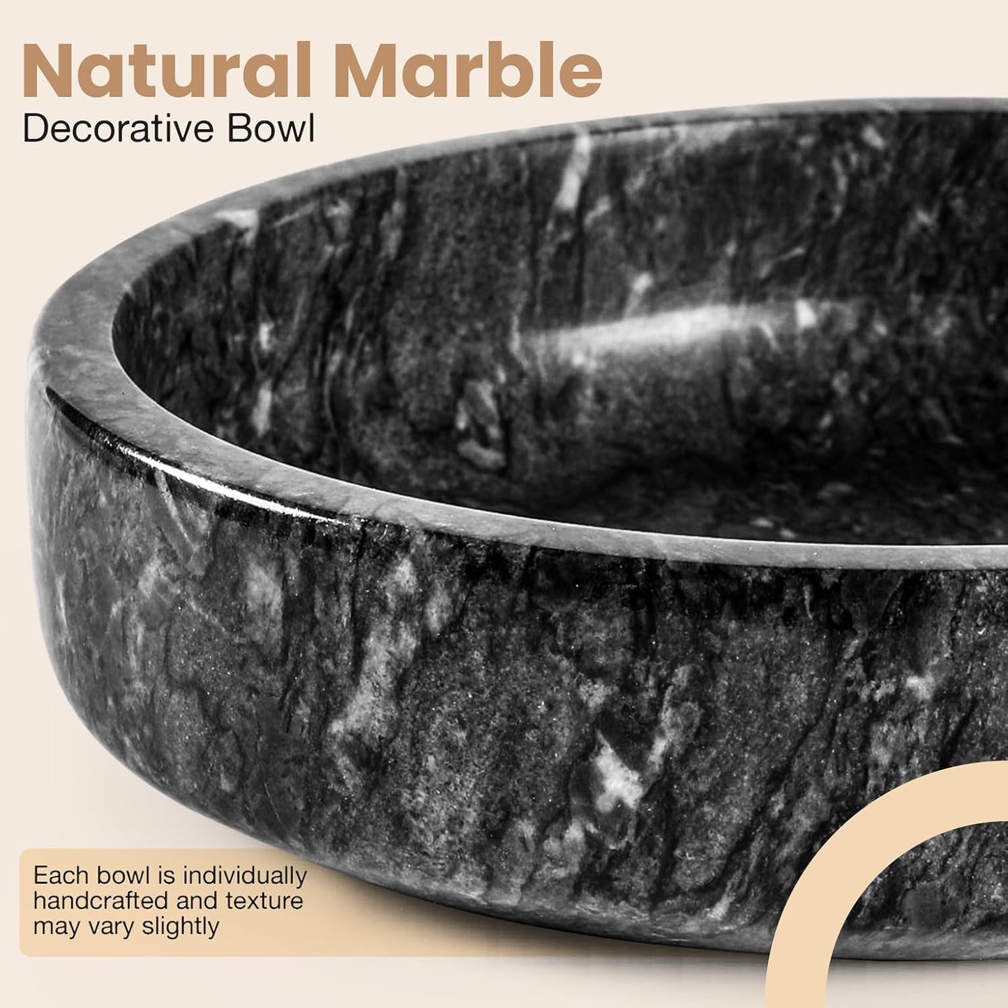 Marble Decorative Bowl - 7.5" Natural Black Solid Marble Centerpiece - Handmade Stone Fruit Bowl - Catch-All or Key Bowl for Kitchen - Modern Minimalist Decor