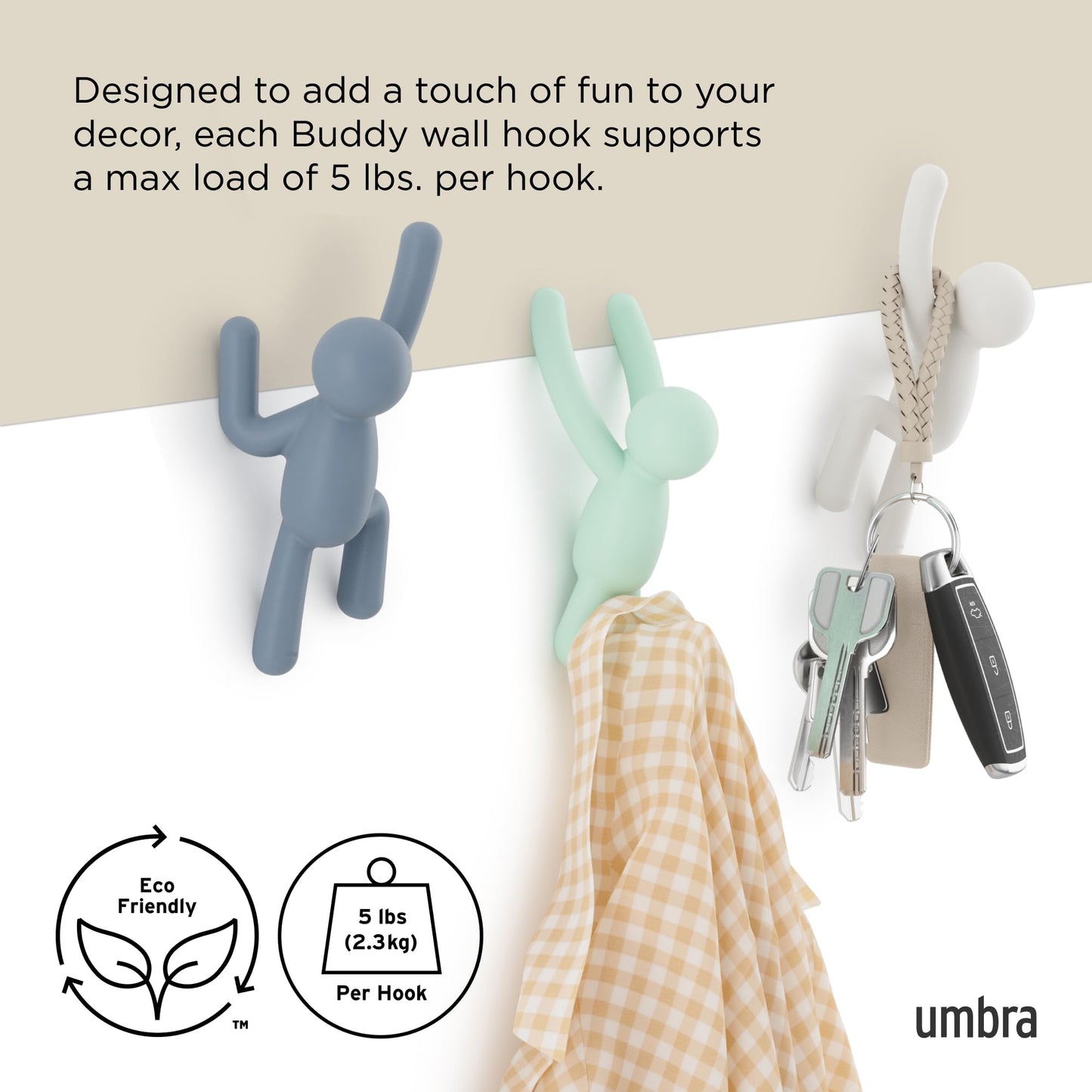 Umbra Buddy Wall Hooks, Wall Mount Coat Hooks, Set of 3, White/Mint/Blue