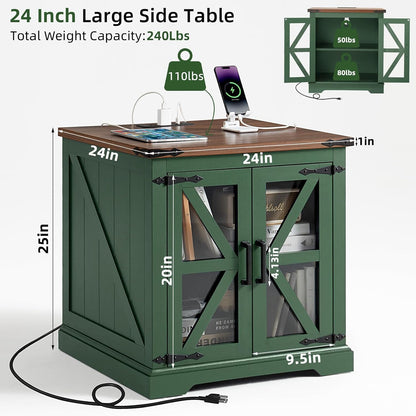 24" End Table Set of 2 with Charging Station, Farmhouse Night Stand with Glass Barn Door, Nightstands with Adjustable Storage Shelf, Large Wood Square Bed Side Table for Living Room, Bedroom