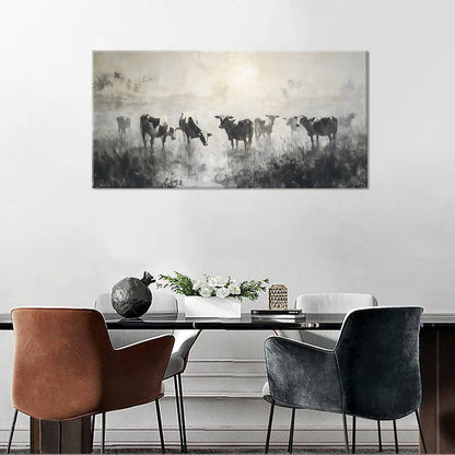 LASMOND Black and White Cow Wall Art for Living Room Ink Wash Canvas Painting Prints Morning Cattle Vintage Country Farmhouse Artwork Bedroom Office Decor (46x23 Inches)