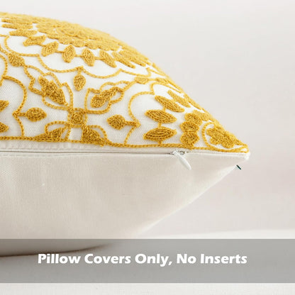 HWY 50 Yellow Decorative Throw Pillow Covers 18x18 Inch (1 Piece), Embroidered Cotton Farmhouse Cushion Cover Pillow Case for Sofa Couch Living Room Bed, Little Sunflower