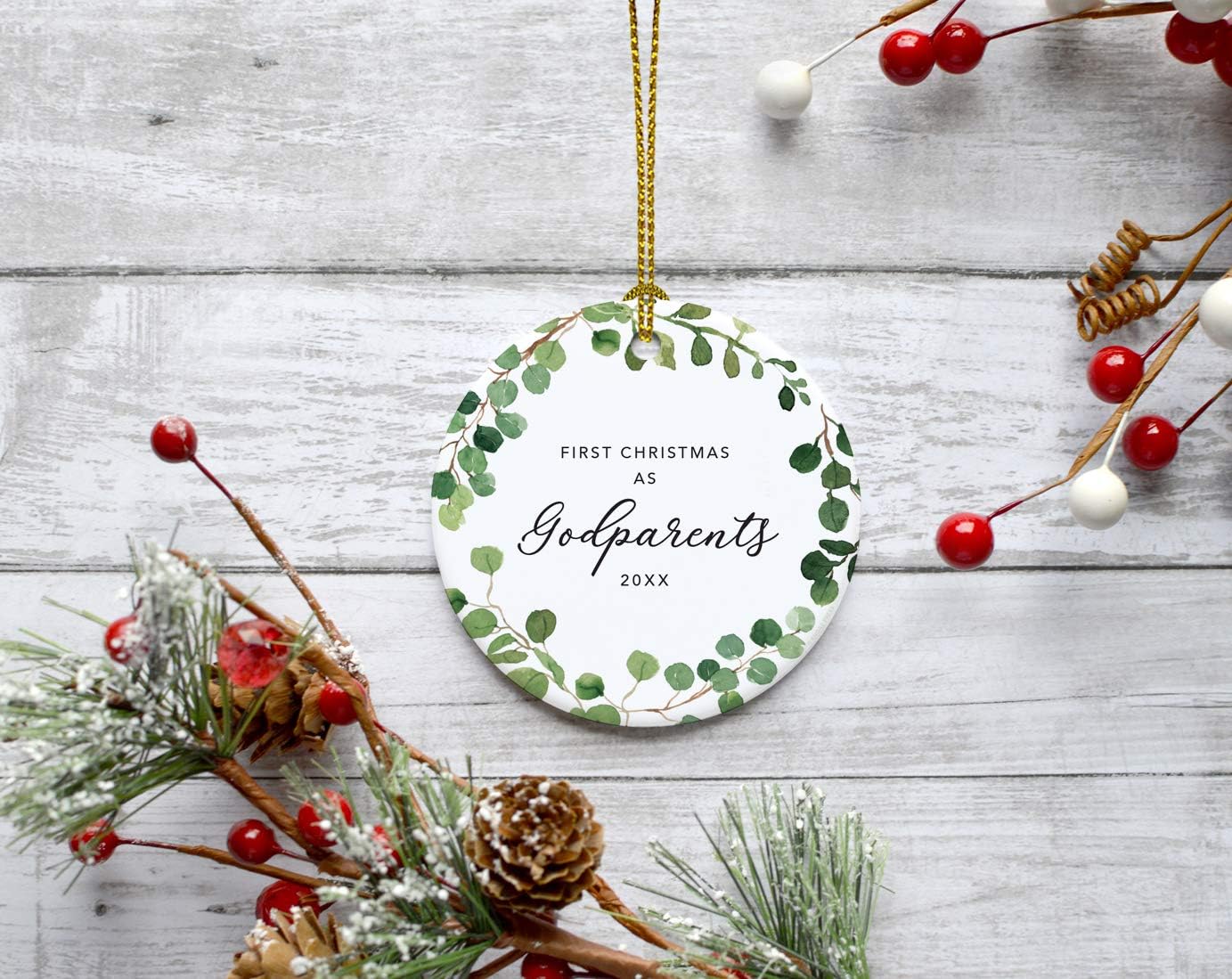 Andaz Press Custom Year Round Ceramic Porcelain Christmas Tree Ornament Keepsake Collectible Gift, First Christmas as Godparents 2025, Farmhouse Eucalyptus Wreath, 1-PackNew