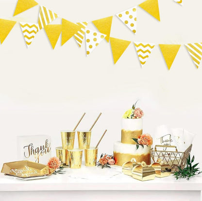 39Ft White and Gold Party Decorations Polka Dot Stripe Triangle Pennant Banner Glitter Foil Paper Flag Bunting Garland for Birthday Graduation Anniversary Wedding Bridal Baby Shower Hen Party Supplies