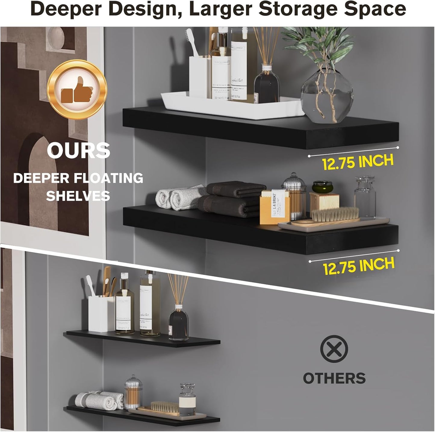 Large Floating Shelves for Wall Set of 3 Wooden Wall Shelves 36 in x 12.75 in x 2 in Room Decor Long Shelf with Invisible Wall Mount Bracket for Bedroom Kitchen Living Room Black