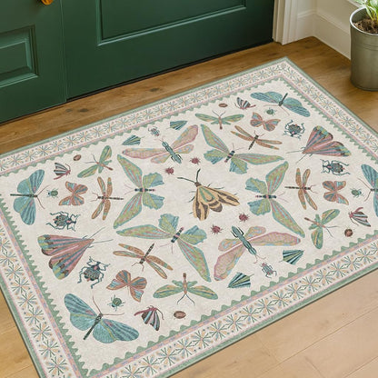 Washable Boho Bathroom Rug 2x3, Small Throw Rugs for Kitchen, Powder Room, Front Door Indoor Entrance, Non Slip Low Pile Stain Resistant, Dusty Green Colorful Cool Insect Aethestic