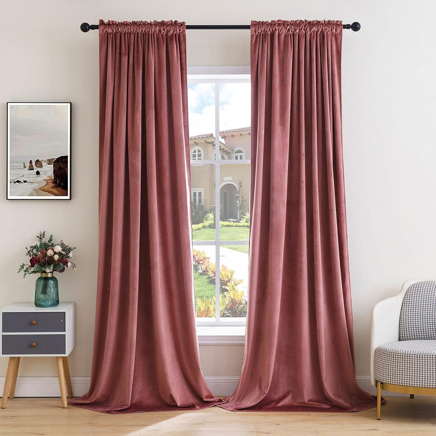 MIULEE Dusty Rose Pink Velvet Curtains Thermal Insulated Blackout Curtain Drapes for Bedroom Living Room Darkening 105 Inches Long Curtains Panels Rod Pocket Set of 2