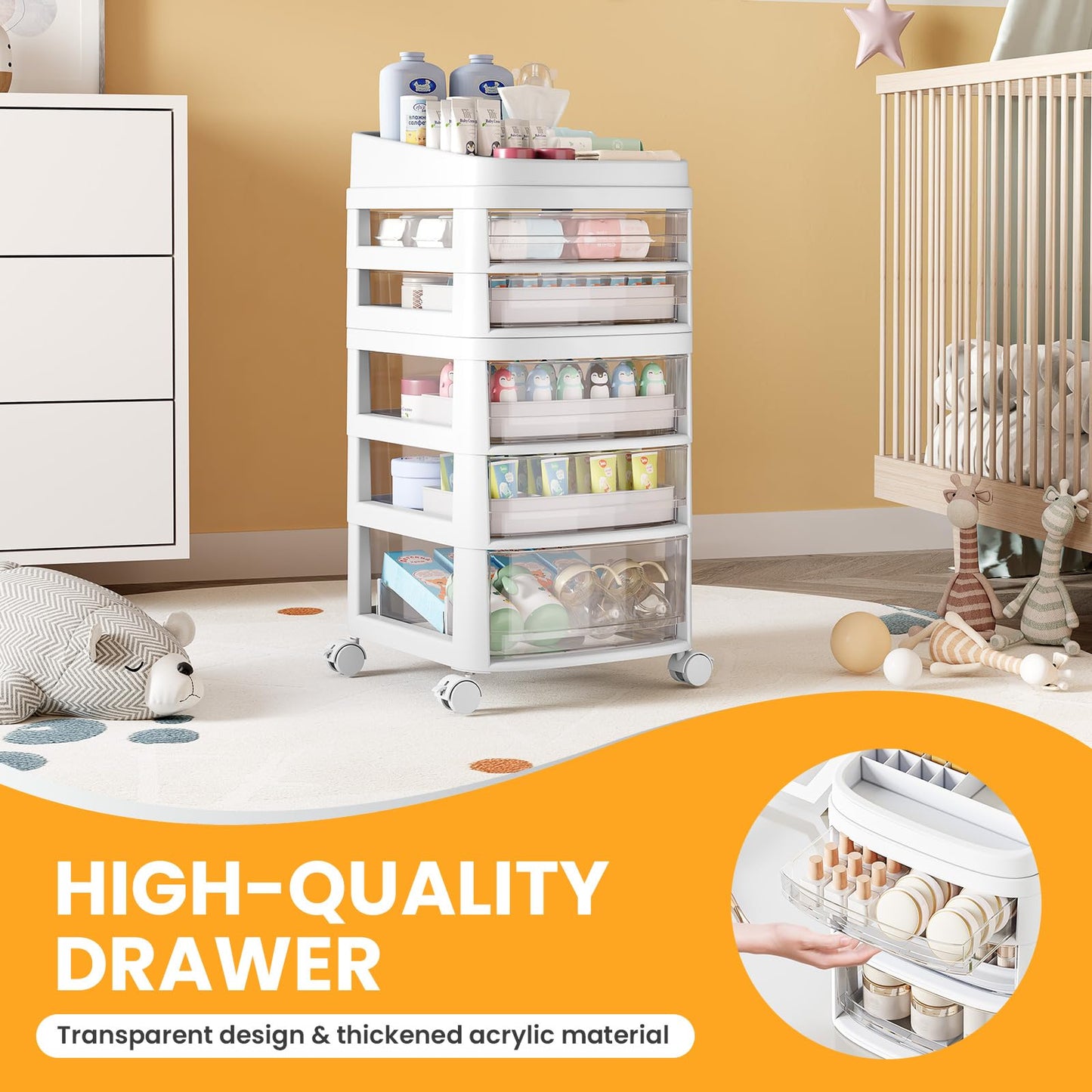 Rolling Cart with 5 Drawers, Clear Plastic Drawer Organizers, Vanity Cart