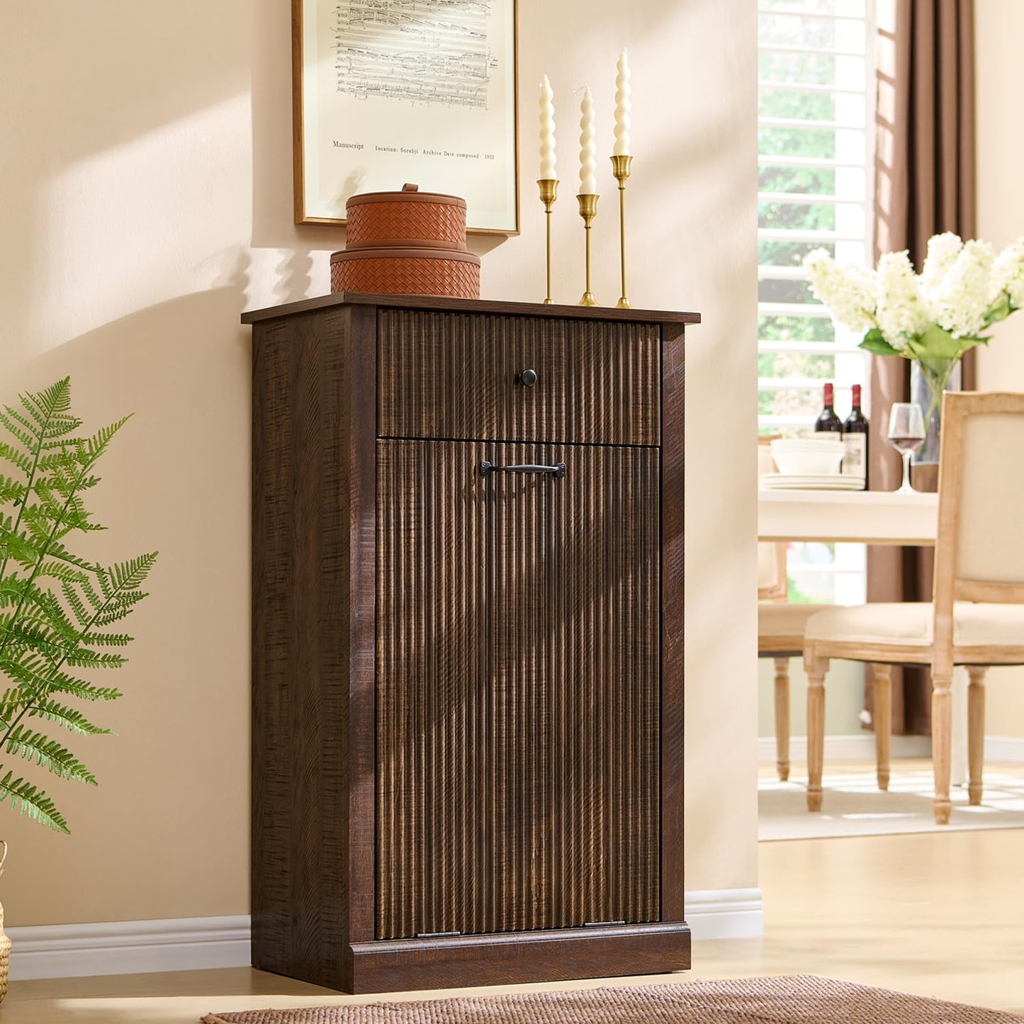 Modern Tilt-Out Trash Can Cabinet, 10 Gallon Fluted Laundry Hamper Cabinet with Drawers, Wooden Hidden Garbage Can Cabinets with Storage Basket, Free Standing for Kitchen and Living Room,Brown