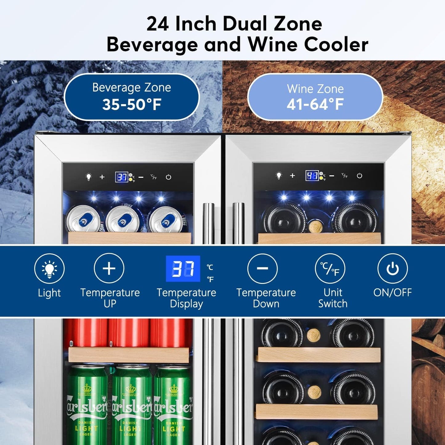 Tylza Upgraded Wine and Beverage Refrigerator 24 Inch, Dual Zone Wine Beverage Cooler with French Door, Under Counter Wine Beer Fridge Built-In or Freestanding, Holds 20 Bottles and 88 Cans, Low Noise