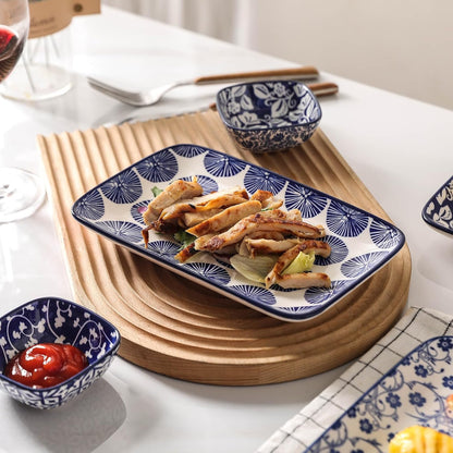 Selamica Ceramic Rectangular Salad Plates Set of 4, 8 Inch Small Serving Plates for Appetizers, Sushi, Fruit, Vintage Blue