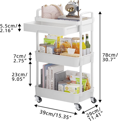 Calmootey 3-Tier Rolling Utility Cart with Drawer,Multifunctional Storage Organizer with Plastic Shelf & Metal Wheels,Storage Cart for Kitchen,Bathroom,Living Room,Office,White