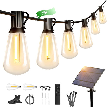 OHLUX 35FT Solar Globe String Lights Outdoor, Waterproof Solar Patio Lights with Remote, 17 Shatterproof ST38 LED Filament Bulbs, 2200K Soft White, Dimmable Edison Hanging Lights for Gazebo, Deck