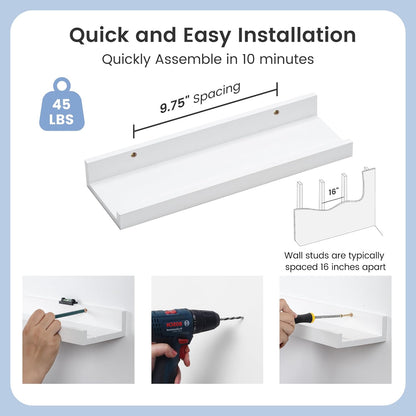 Picture Ledge Shelf for Wall, 16 inches Solid Pine Wood Nursery Book Shelves 3 Packs, Floating Ledge Shelves for Kids' Room Bedroom Bathroom Living Room Photo Frames Office Nursey Wall Decor, White