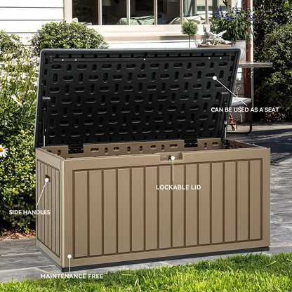 YITAHOME 90 Gallon Large Deck Box, Double-Wall Resin Outdoor Storage Boxes, Deck Storage for Patio Furniture, Cushions, Pool Float, Garden Tools, Lockable & Waterproof (Black&Brown)