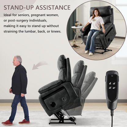 Dual Motor Power Lift Recliner Chair for Adult & Elderly, Infinite Position Lay Flat Lift Chair with Heat & Massage, Cup Holder, Lumbar Pillow, Wireless Charger, USB Ports, Leather (Silver Grey)