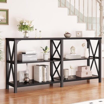 LVB Industrial Entryway Table, Farmhouse Rustic Console Tables Behind Couch, Long Metal Wooden Sofa Table with Storage Shelf, Modern Foyer Hallway Table for Living Room Bedroom, Black Oak, 63 in