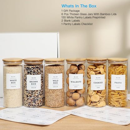 6 Pack Glass Jar with Airtight Bamboo Lid and White 132 Kichen Pantry Labels Preprinted - 28 Oz Clear Round Glass Food Storage Containers set For Tea Coffee Bean Cookie