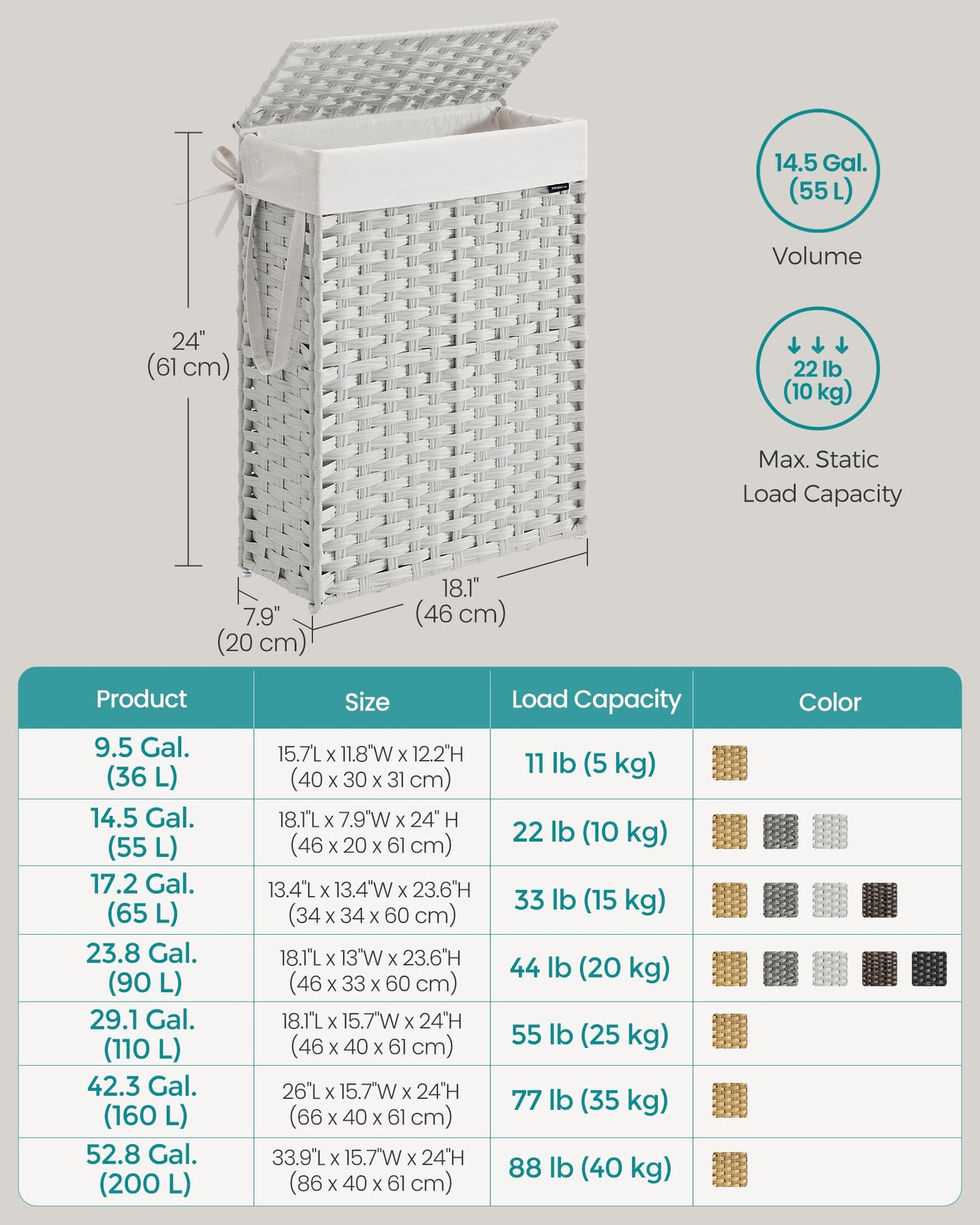 SONGMICS Slim Laundry Hamper with Lid, 14.5 Gallon (55L) Rattan Clothes Laundry Basket with Lid and