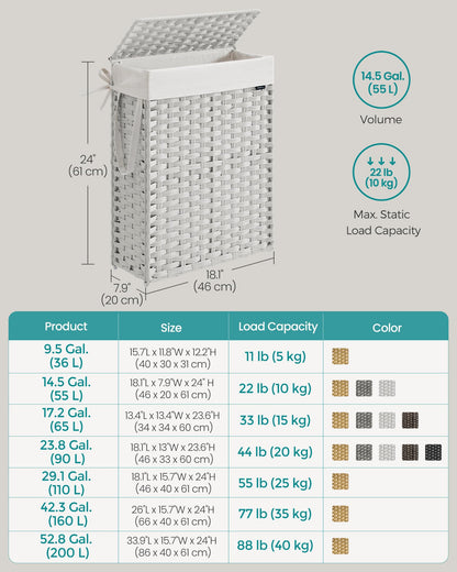 SONGMICS Slim Laundry Hamper with Lid, 14.5 Gallon (55L) Rattan Clothes Laundry Basket with Lid and
