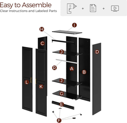 71" Metal Armoire Wardrobe Closet with 2 Doors, Tall Wardrobe Cabinet with Hanging Rod and Adjustable Shelves, Black Clothing Storage Cabinets for Bedroom, Laundry Room, Home Office