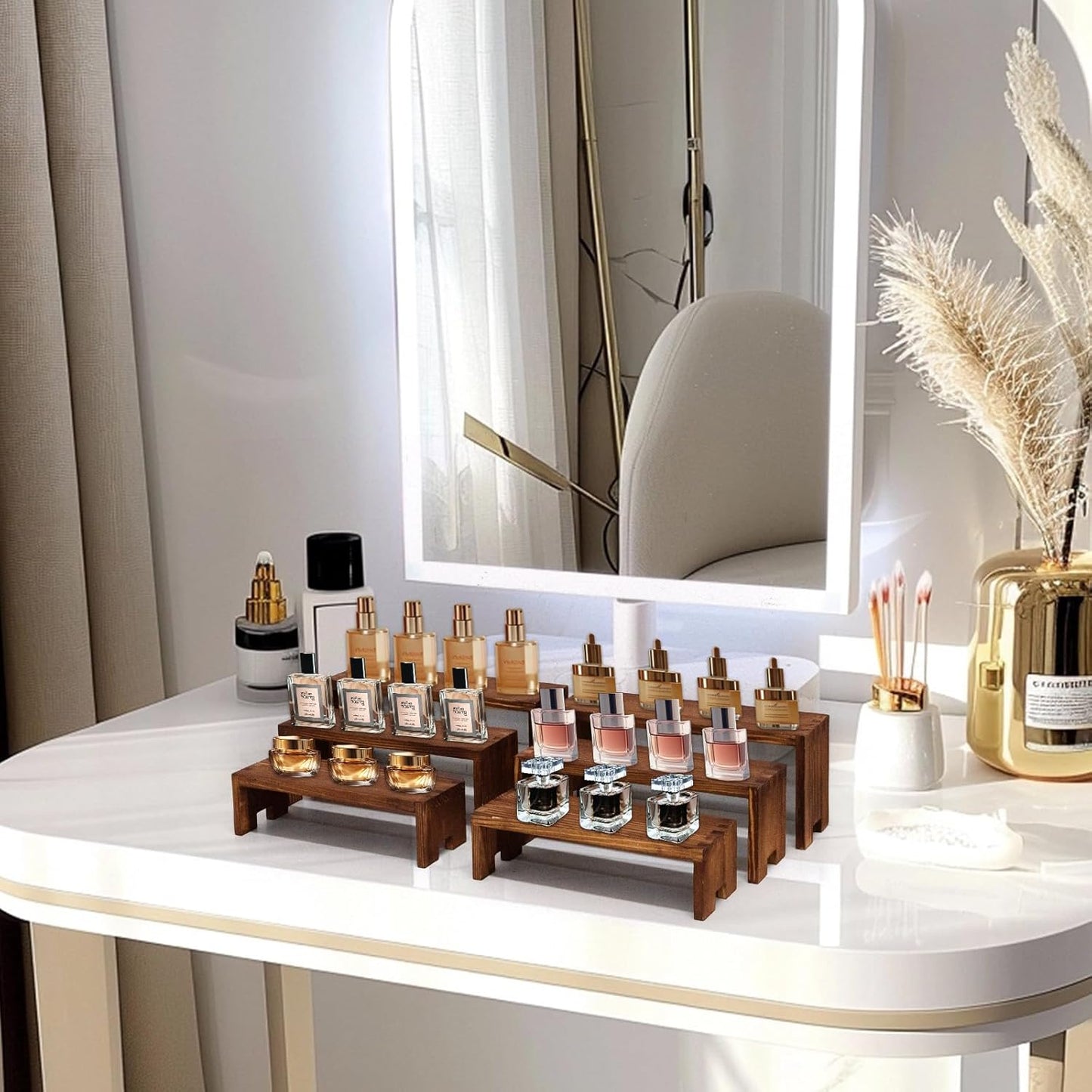 Display Wood Risers Wooden Stand 3 Tier Wood Racks Decorative Rectangular, 2 Set 6 Piece Cupcake Stands Cologne Perfume Organizer Dessert Showcase(Brown)