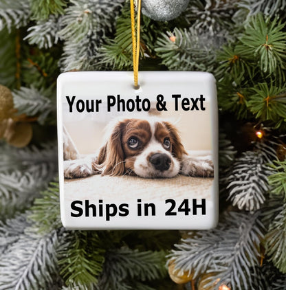 Personalized Christmas Ornament, Add Photo Text or Art Design and Make Your own Customized Porcelain Ceramic Ornament, Gold String and Gift Bag Included (Square)