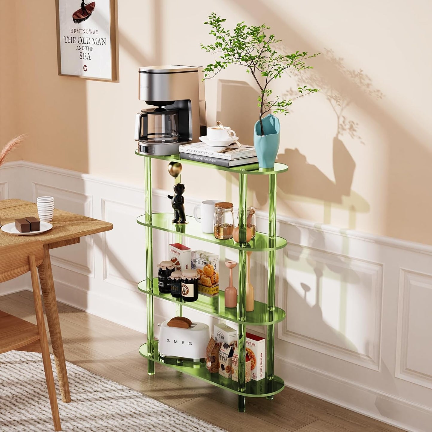 Clear Bookshelf, Acrylic Bookcase with Open Book Shelf Console Table for Entryway Office (4 Tier Green)
