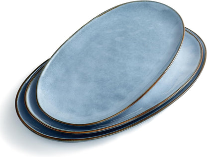 famiware Serving Platter, Oval 15.59/14.3/12.9inch Serving Dishes for Entertaining, Serving Bowls, Reactive Glaze, Stoneware Serving Trays for Party, Food, Turkey, Cheese, Ocean Series, Blue